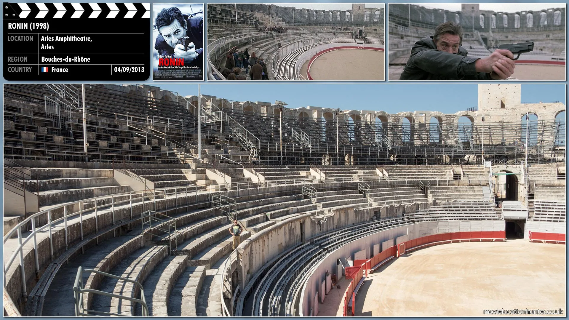 Filming location photo, shot in France, for Ronin (1998). Scene description: The team track Gregor (Stellan Skarsgård) through one of Sam's old CIA contacts and corner him in the Roman arena in Arles, where he is meeting the Russians. A tense standoff and hectic gun fight follows as Deirdre (Natascha McElhone), Sam (Robert De Niro), and Vincent (Jean Reno) attempt to capture Gregor while the Russians try to kill them.