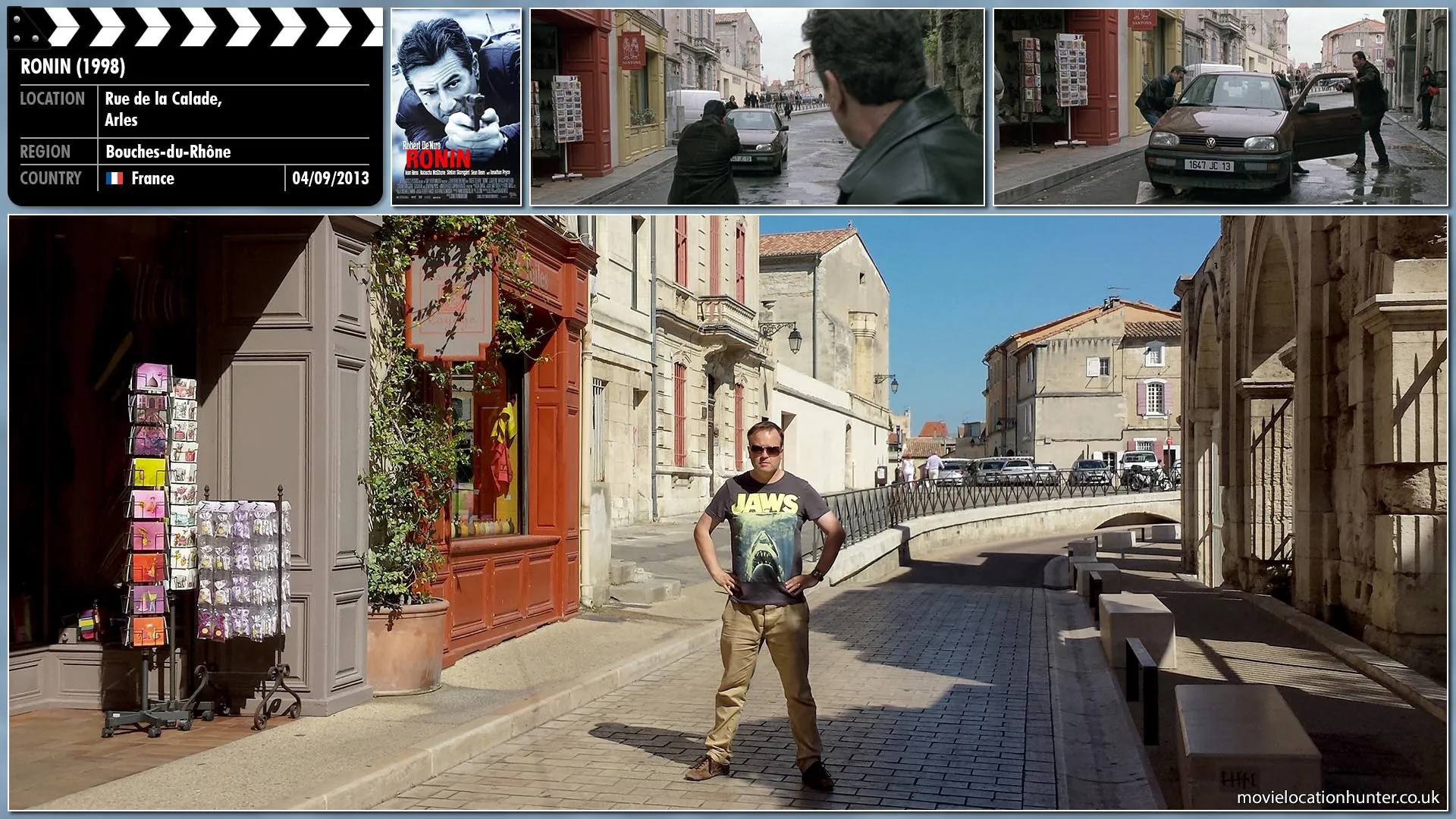 Filming location photo, shot in France, for Ronin (1998). Scene description: Vincent (Jean Reno) hijacks a car and takes Sam (Robert De Niro), who was seriously wounded by the stray bullet during the fight, to his friend Jean-Pierre (Michael Lonsdale) in a villa in rural France.