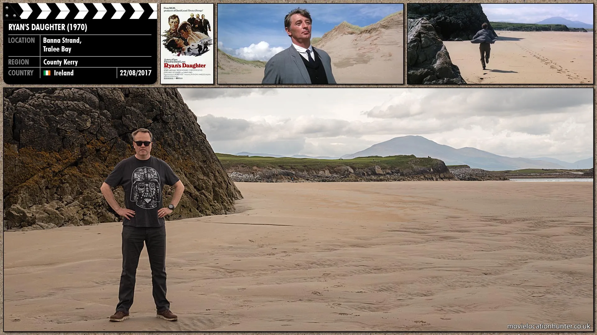 Filming location photo, shot in Ireland, for Ryan's Daughter (1970). Scene description: Charles (Robert Mitchum) follows the double line of footprints where they disappear behind a rock.  He knows this landscape well.  He knows what lies in the further bay and beyond the jutting angle of rock.  He starts to follow them, torn between his need to know and his fear of knowing.  He is drawn to run, slows, runs again. At the angle of the rock he sees the black mouth of a cave.  The footsteps lead straight to it.  No footsteps lead out.  Charles almost reels against the rock-face for support.