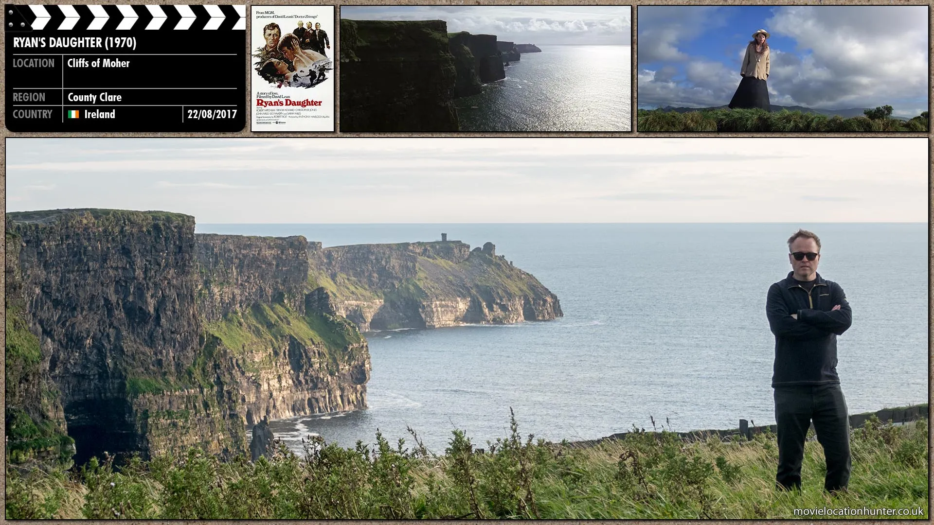 Filming location photo, shot in Ireland, for Ryan's Daughter (1970). Scene description: Rosy (Sarah Miles) watches her parasol dwindling as it spirals erratically away as huge waves crash against the rocks, sending up flumes and spires of foam.  The parasol lands, a speck in the water, a hundred yards from a tiny boat.