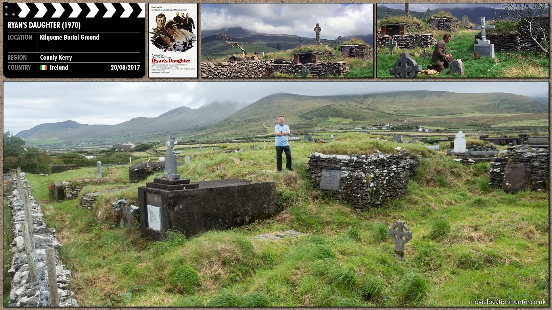 Filming location photo, shot in Ireland, for Ryan's Daughter (1970). Scene description: Charles (Robert Mitchum) walks between the simple headstones of a small moorland graveyard with its low stone sheep-wall and coming to his wife's grave takes off his hat and kneels in respect.