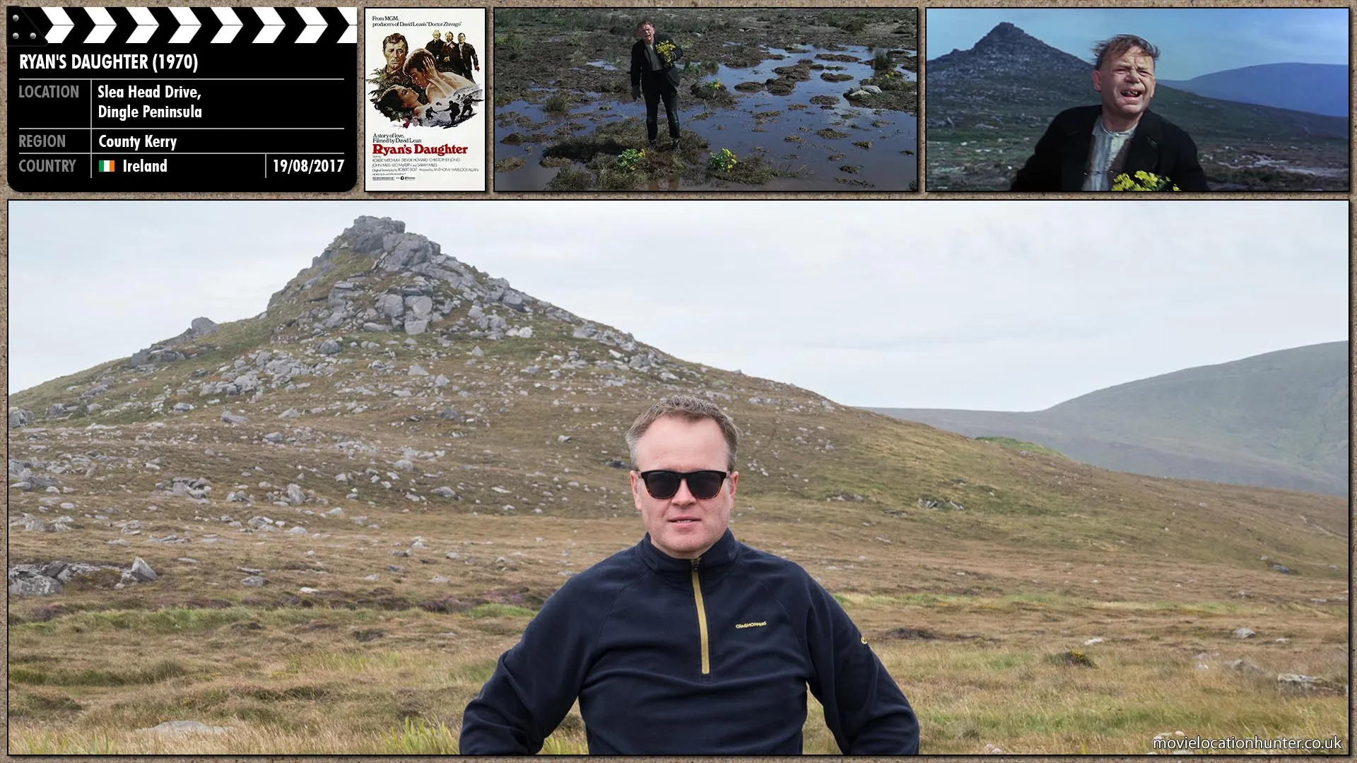 Filming location photo, shot in Ireland, for Ryan's Daughter (1970). Scene description: Michael (John Mills) is gathering marsh marigolds.  One blackended hand already holds a bunch of the delicate flowers.  On the sound of the bus stopping he looks up curiously watches as the bus departs and a solitary figure remains.  Michael is consumed with bovine curiosity and he starts to move closer through the puddled grasses.