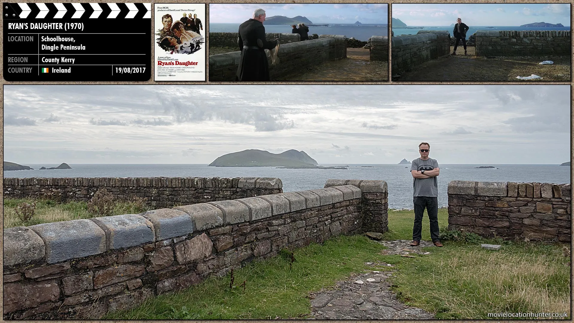 Filming location photo, shot in Ireland, for Ryan's Daughter (1970). Scene description: Father Collins (Trevor Howard) arrives at the school.  He looks to the ground and sees one of Rosy's black cotton stockings and her petticoat.  His faces still but his eyes like a glimpse into a volcano sees Moureen (Evin Crowley) make a sudden movement hiding something behind her back.  The priest strides her and she flees dropping something.  His face changing, he stoops down for it and picks up a think shank of hair.  He looks around and sees tufts of hair scattered all around.  He angrily ushers all the remaining villagers to leave.  The priest looking down at the shank of hair in his hand fearfully opens the door to the school and enters.  Michael (John Mills) seeing sporadic groups of villagers walking away from the school believes he has missed some kind of communal festivity.  He arrives at the school and sees the shanks of hair and petticoat on the ground.
