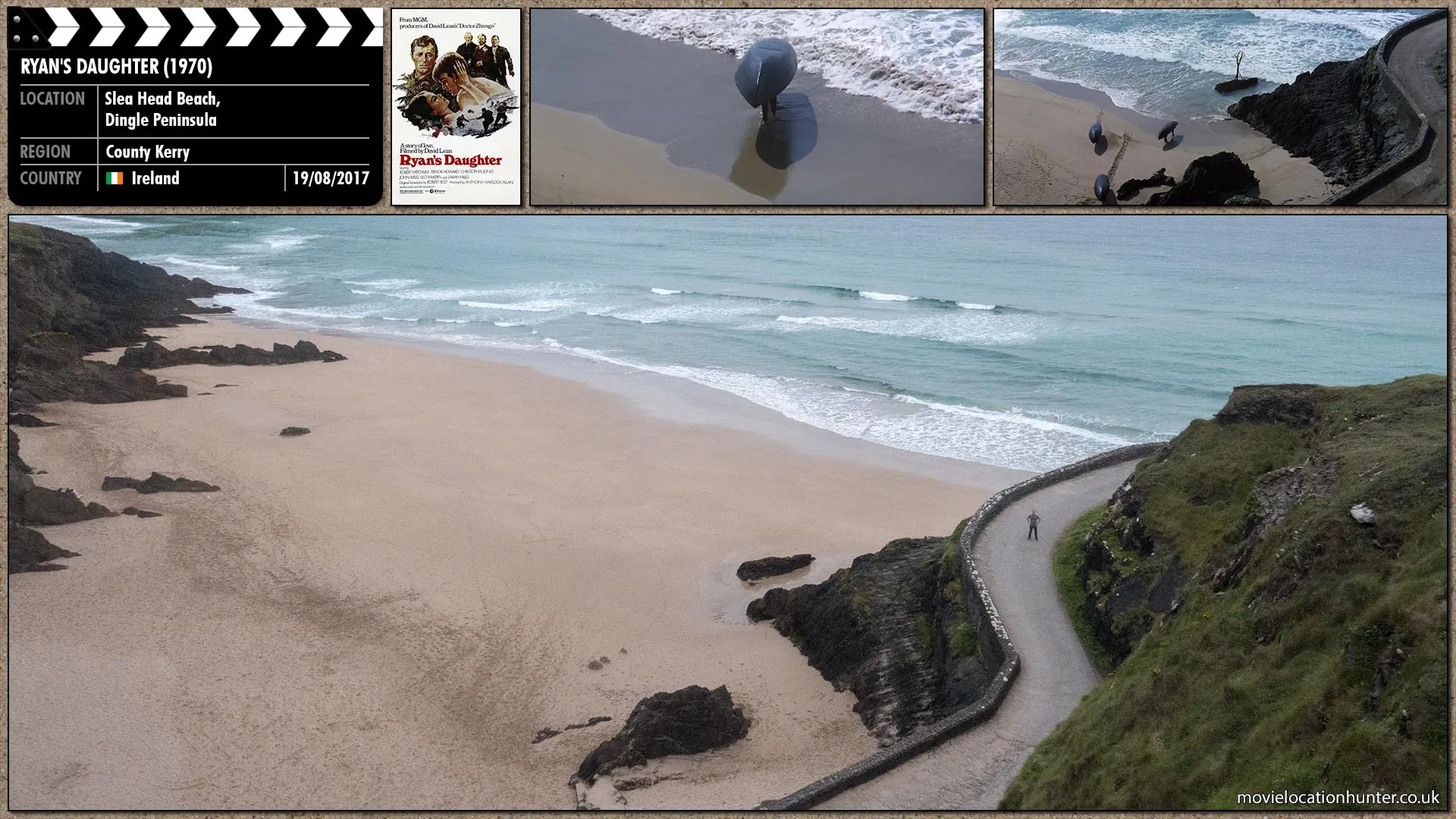 Filming location photo, shot in Ireland, for Ryan's Daughter (1970). Scene description: Three curraghs are being borne upside down on the heads of six men away from the sparkling sea.