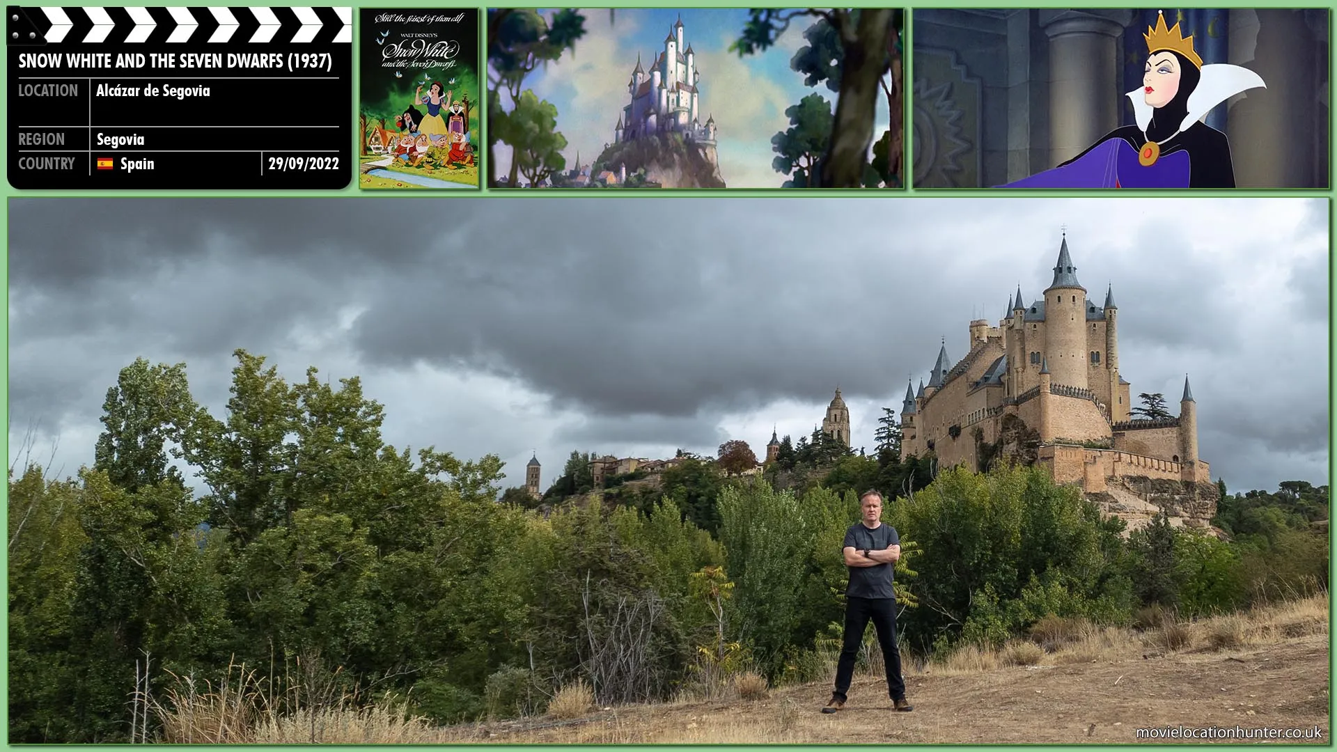 Filming location photo, shot in Spain, for Snow White and the Seven Dwarfs (1937). Scene description: During the creation of the Disney animated classic Snow White and the Seven Dwarfs, the Wicked Queen’s castle was modeled after the Alcazar de Segovia.