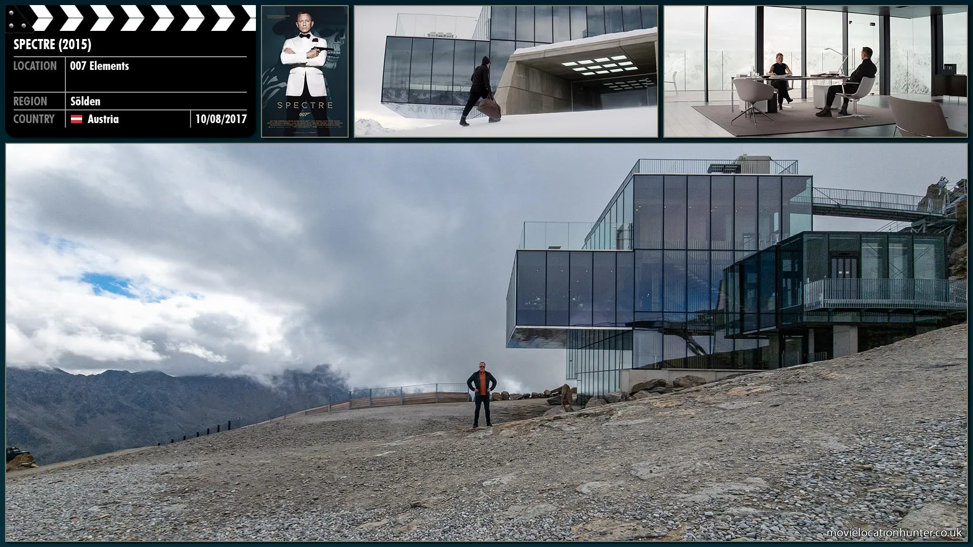 Filming location photo, shot in Austria, for Spectre (2015). Scene description: Spotted by Blofeld (Christoph Waltz), Bond (Daniel Craig) makes a hasty exit from the meeting and rushes back to his Aston Martin.