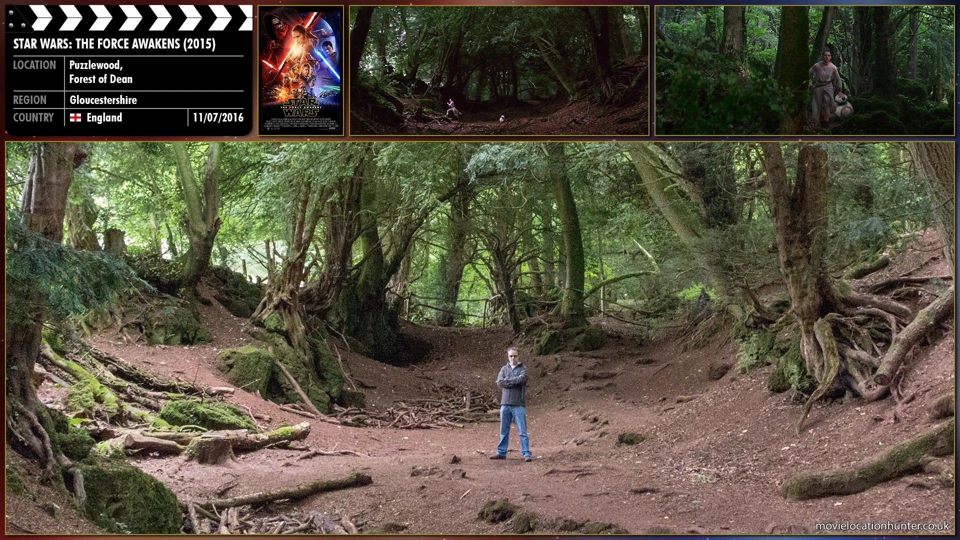 Filming location photo, shot in England, for Star Wars: The Force Awakens (2015). Scene description: Rey (Daisy Ridley) tries to use the blaster given to her by Han Solo (Harrison Ford), but inexperienced and frightened she fumbles with the safety and fires wild shots giving away her position. Overwhelmed she runs deeper into the forest. BB-8 follows.