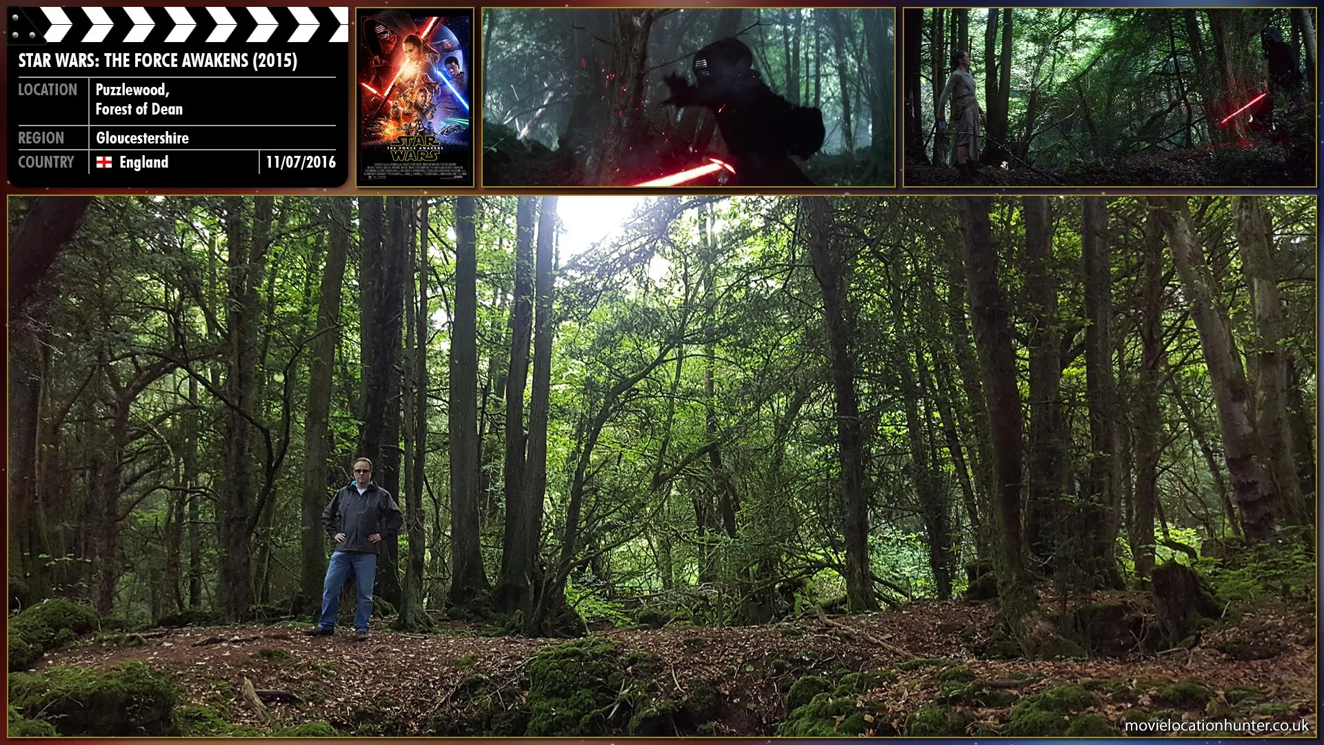 Filming location photo, shot in England, for Star Wars: The Force Awakens (2015). Scene description: Kylo Ren (Adam Driver) appears from behind a tree.  Rey (Daisy Ridley) fires her blaster again and again as Kylo Ren moves toward her, using his lightsaber to deflect every blast.