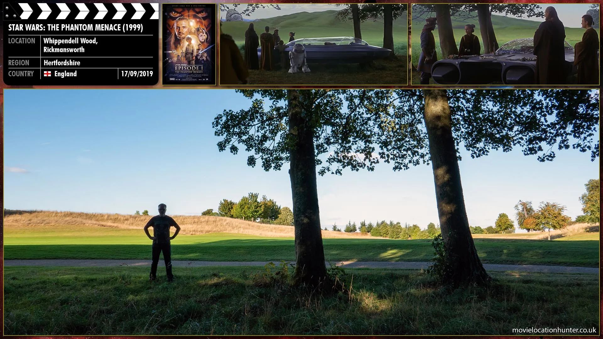 Filming location photo, shot in England, for Star Wars: The Phantom Menace (1999). Scene description: A Gungan sentry sits on top of the ancient temple head, searching the landscape with a pair of electrobinoculars. He sees something and yells down to Anakin (Jake Lloyd) at the foot of the statue.  Anakin yells and runs over to Padme (Natalie Portman) and the Jedi, who are discussing a battle plan with five Gungan generals.