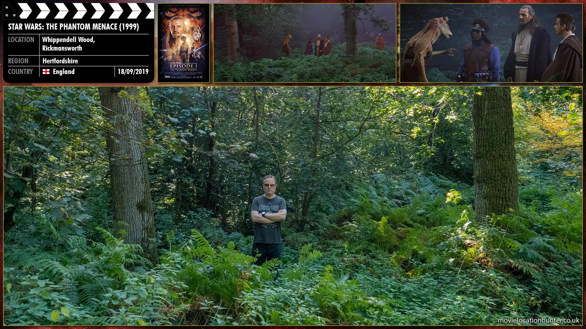 Filming location photo, shot in England, for Star Wars: The Phantom Menace (1999). Scene description: Jar-Jar (Ahmed Best) exits the swamp lake and walks over to Captain Panaka, Obi-Wan (Ewan McGregor) and Qui-Gon (Liam Neeson) and explains that the Gungan city is deserted and believes they have gone into hiding.