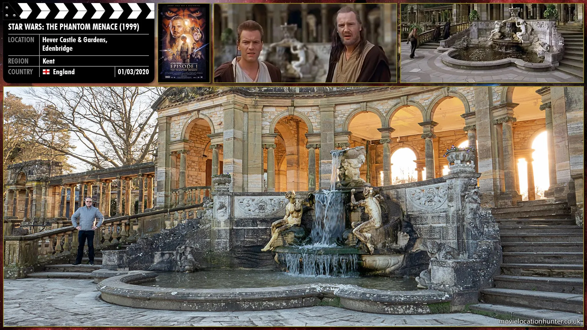 Filming location photo, shot in England, for Star Wars: The Phantom Menace (1999). Scene description: Qui-Gon Jinn (Liam Neeson), Obi-Wan Kenobi, and Jar Jar Binks (Ahmed Best) act fast when their inoperable bongo starts to go over a waterfall. They swim to the a jetty and head towards the palace.