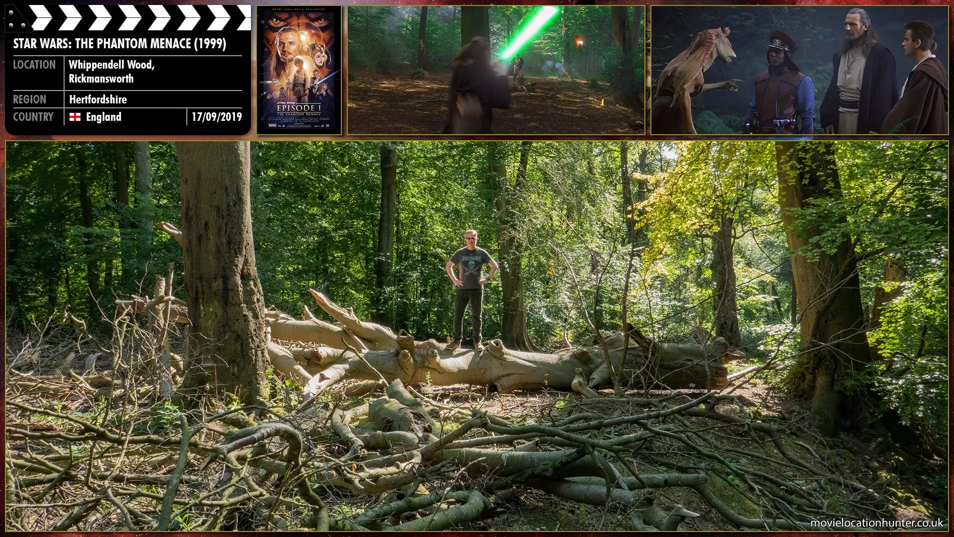 Filming location photo, shot in England, for Star Wars: The Phantom Menace (1999). Scene description: In the distance, two STAPS burst out of the mist at high speed, chasing Obi-Wan (Ewan McGregor).  As the STAPS barrel down on Obi-Wan. Qui-Gon (Liam Neeson) throws Jar-Jar (Ahmed Best) into the mud and grabs his lightsaber from his belt.  The two droid troops fire laser bolts at Obi-Wan. Qui-Gon deflects the bolts back, and the STAPS blow up. One-two. A chunk of one droid flies far into the forest.