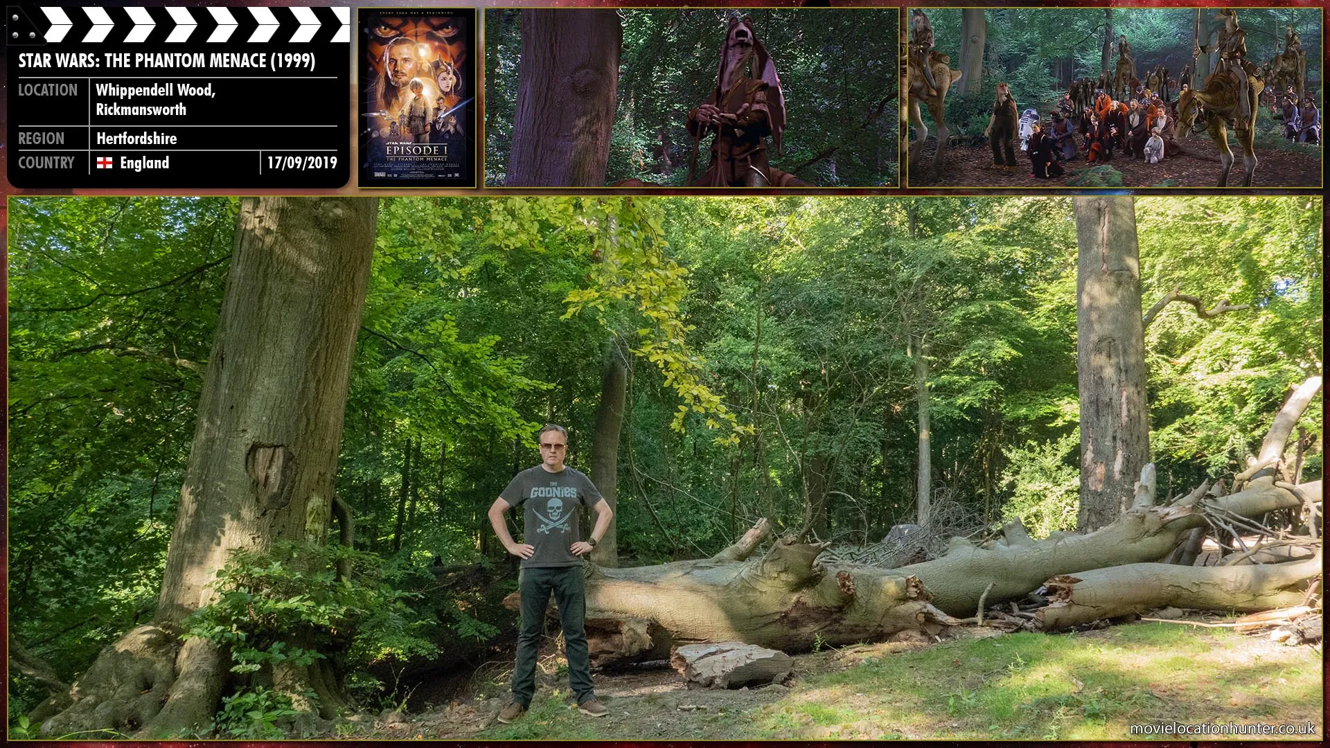 Filming location photo, shot in England, for Star Wars: The Phantom Menace (1999). Scene description: Jar-Jar (Ahmed Best), Queen Amidala (Natalie Portman), Anakin (Jake Lloyd), Artoo (Kenny Baker), Qui-Gon (Liam Neeson), Obi-Wan (Ewan McGregor) and the rest of her group are led through a clearing full of Gungan refugees. At the far end are the ruins of a grand temple with massive carved heads. Boss Nass (Brian Blessed) and several other Rep Council members walk out on the top of a three-quarter-submerged head.