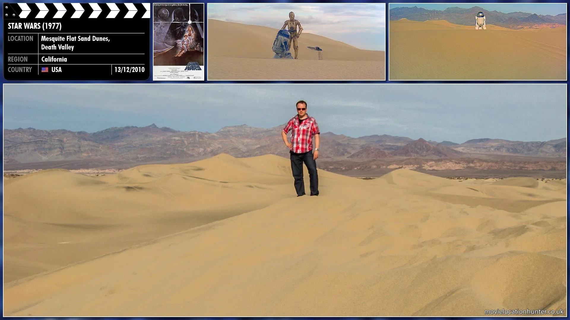 Filming location photo, shot in USA, for Star Wars (1977). Scene description: C-3PO (Anthony Daniels) and R2-D2 (Kenny Baker) land on the desert planet; R2-D2 mentions a mission to deliver some plans, but C-3PO is more concerned with staying in one piece long enough to find civilisation.
