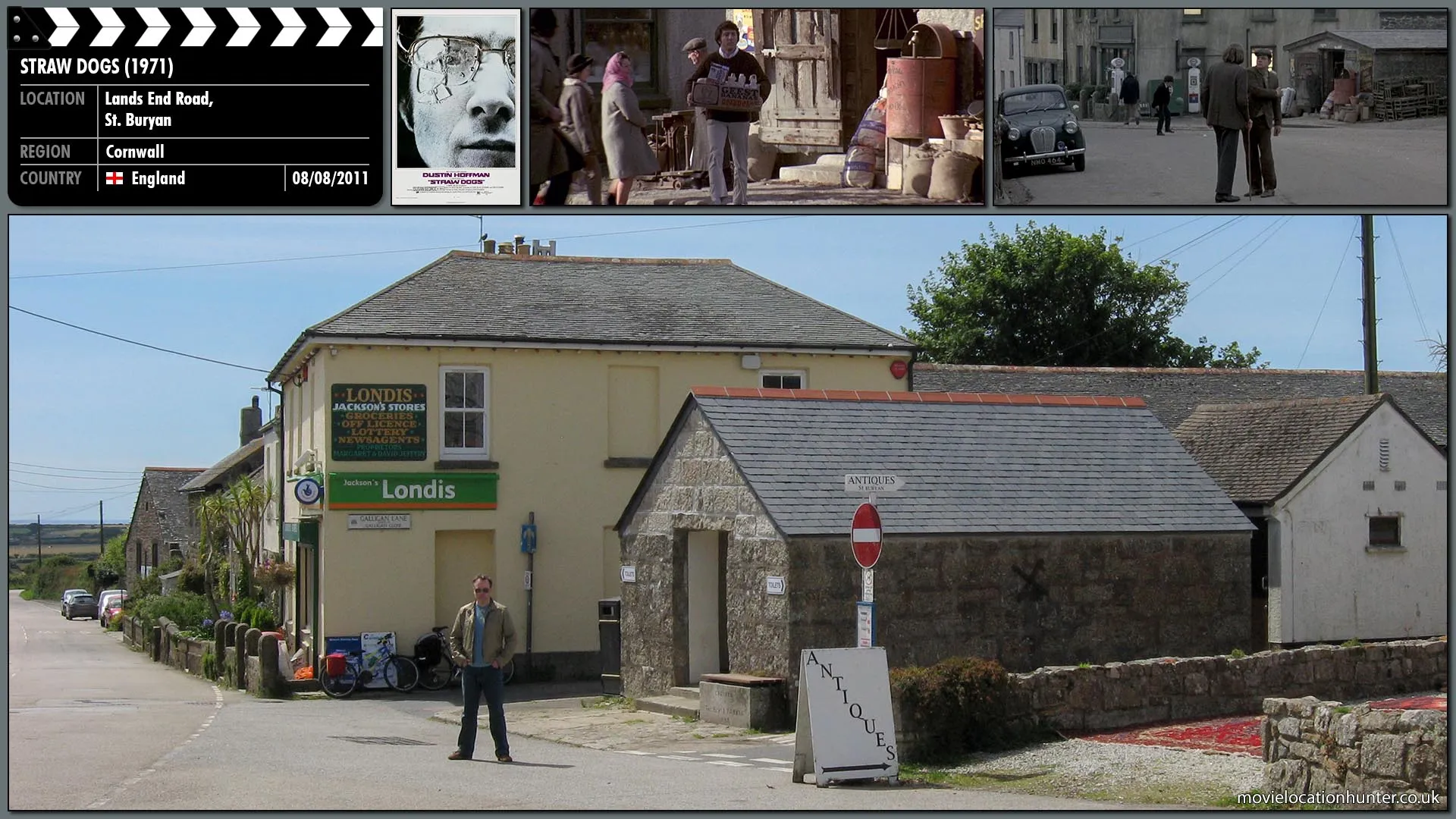 Filming location photo, shot in England, for Straw Dogs (1971). Scene description: American mathematician David Sumner (Dustin Hoffman) is walking along a road while his newly acquired wife and one-time resident, Amy Sumner (Susan George), is parading braless and carrying a rather nasty-looking device called a 'mantrap'.
