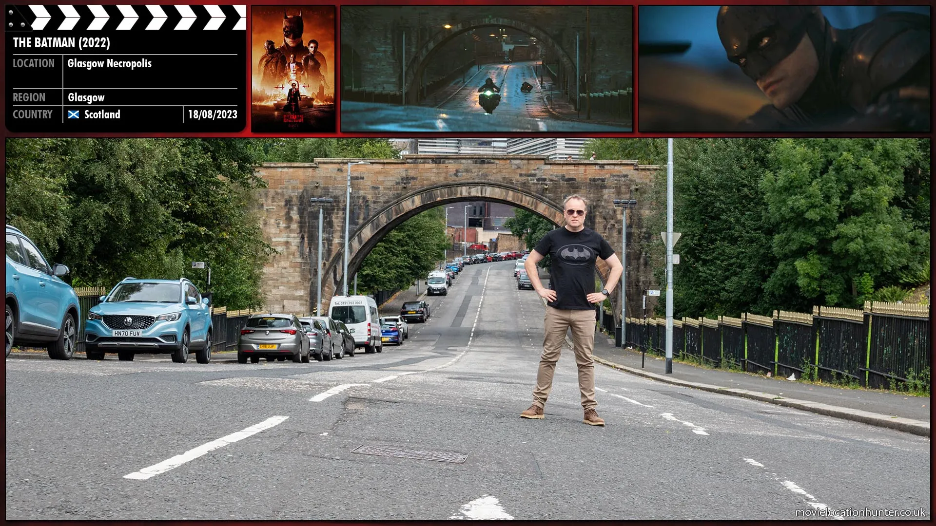 Filming location photo, shot in Scotland, for The Batman (2022). Scene description: Batman (Robert Pattinson), staring hard ahead.  Finally, his eyes move to his side mirror, unable to resist one last look, as Selina (Zoë Kravitz) recedes.  His eyes lift again, racing toward his city, a look of sheer determination.