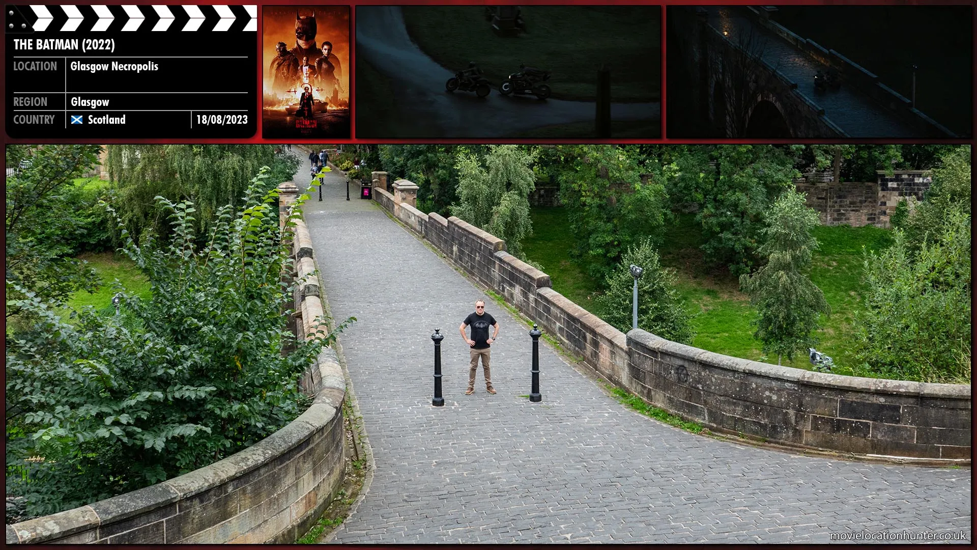 Filming location photo, shot in Scotland, for The Batman (2022). Scene description: Batman (Robert Pattinson) and Selina (Zoë Kravitz) ride side-by-side over a bridge leaving the cemetery.