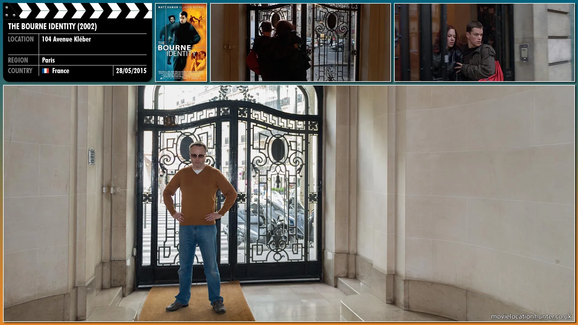 Filming location photo, shot in France, for The Bourne Identity (2002). Scene description: A crowd is gathered around Castel's (Nicky Naude) body.  Rubberneckers and people pointing up to the broken window.  Bourne (Matt Damon) leads Marie (Franka Potente) outside.