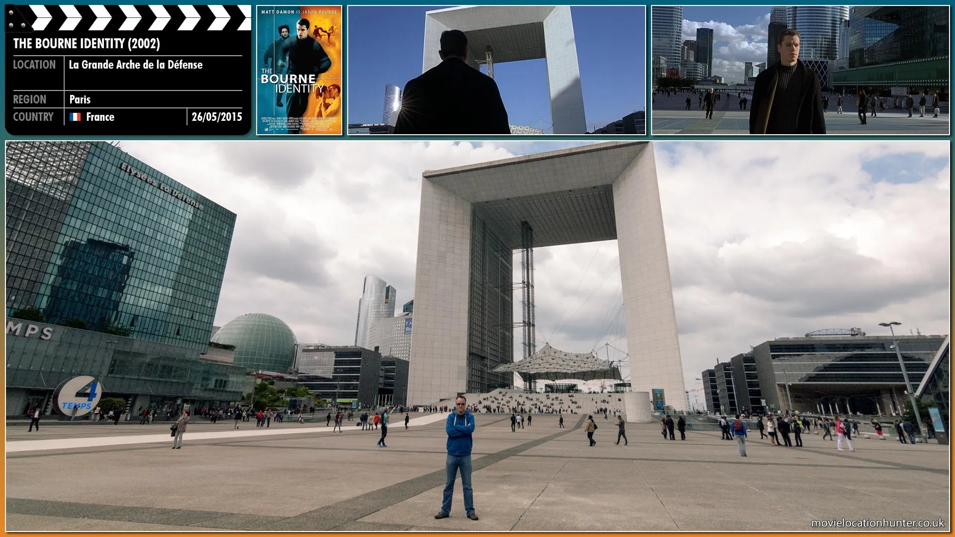 Filming location photo, shot in France, for The Bourne Identity (2002). Scene description: After obtaining Kane’s phone records from the desk clerk Bourne (Matt Damon) is able to check out ‘Alliance Securite Maritime’ at the gigantic hollow cube of La Grande Arche de la Défense.