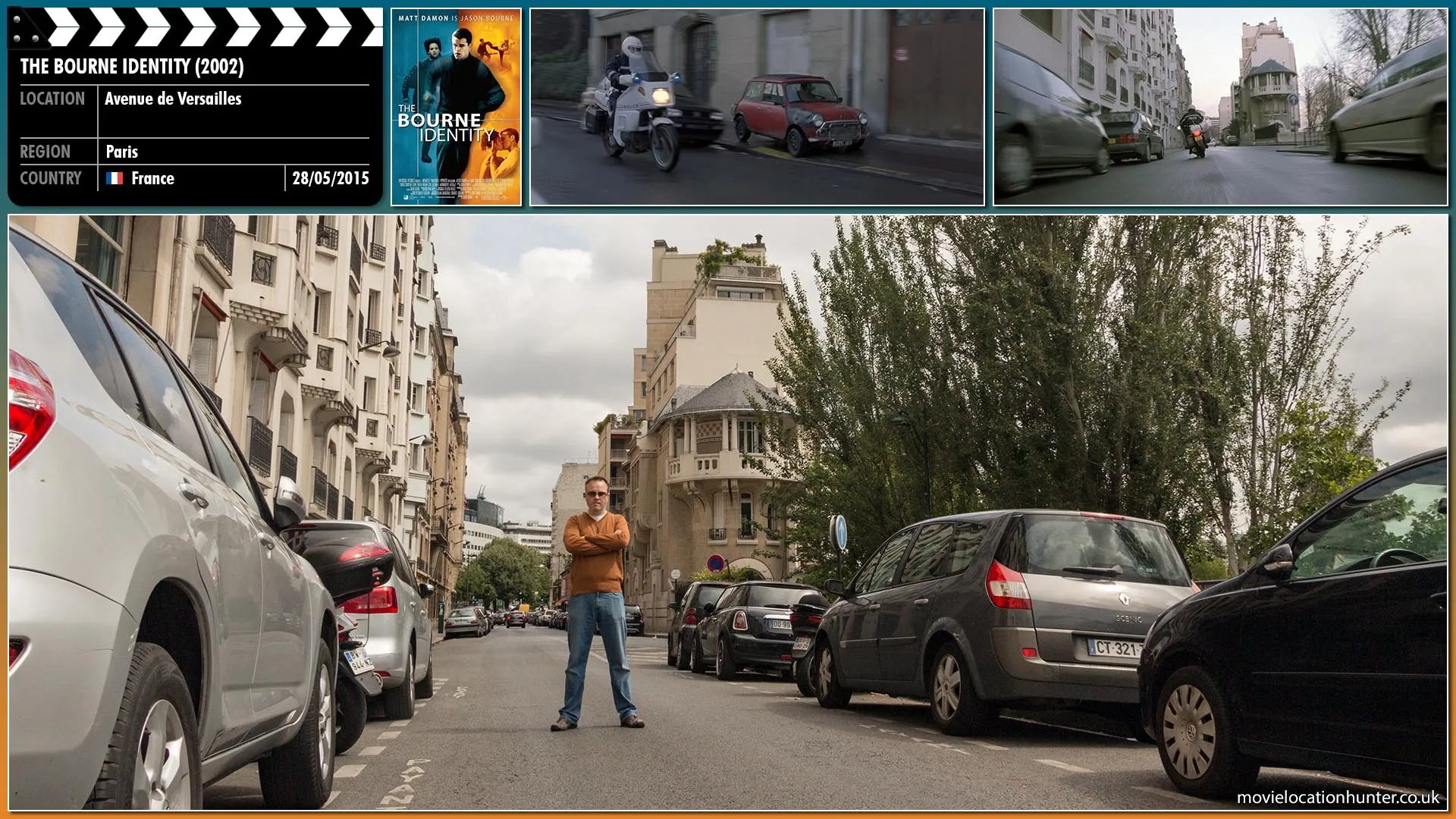 Filming location photo, shot in France, for The Bourne Identity (2002). Scene description: Bourne (Matt Damon) drives Marie's car through the streets of Paris as they are chased by motorcycle police.