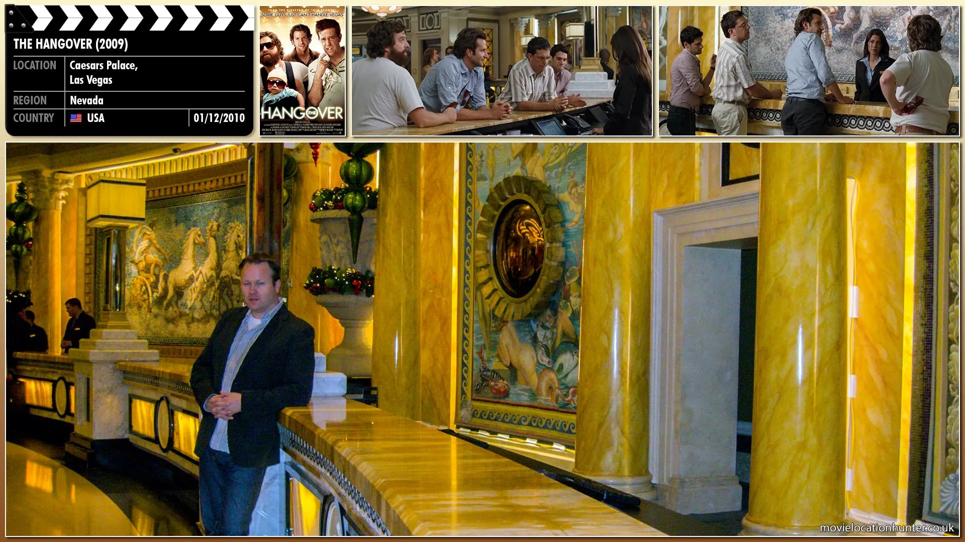 Filming location photo, shot in USA, for The Hangover (2009). Scene description: The group drives to Las Vegas and check into Caesars Palace. They try to decide how to pay and Phil (Bradley Cooper) volunteers Stu's (Ed Helms) credit card as the main payment method. Stu flatly refuses, telling Phil that Melissa (Rachael Harris) would see the charges and realize that they went to Vegas. Doug (Justin Bartha) tells Stu that they'll sort out the payment when they check out.