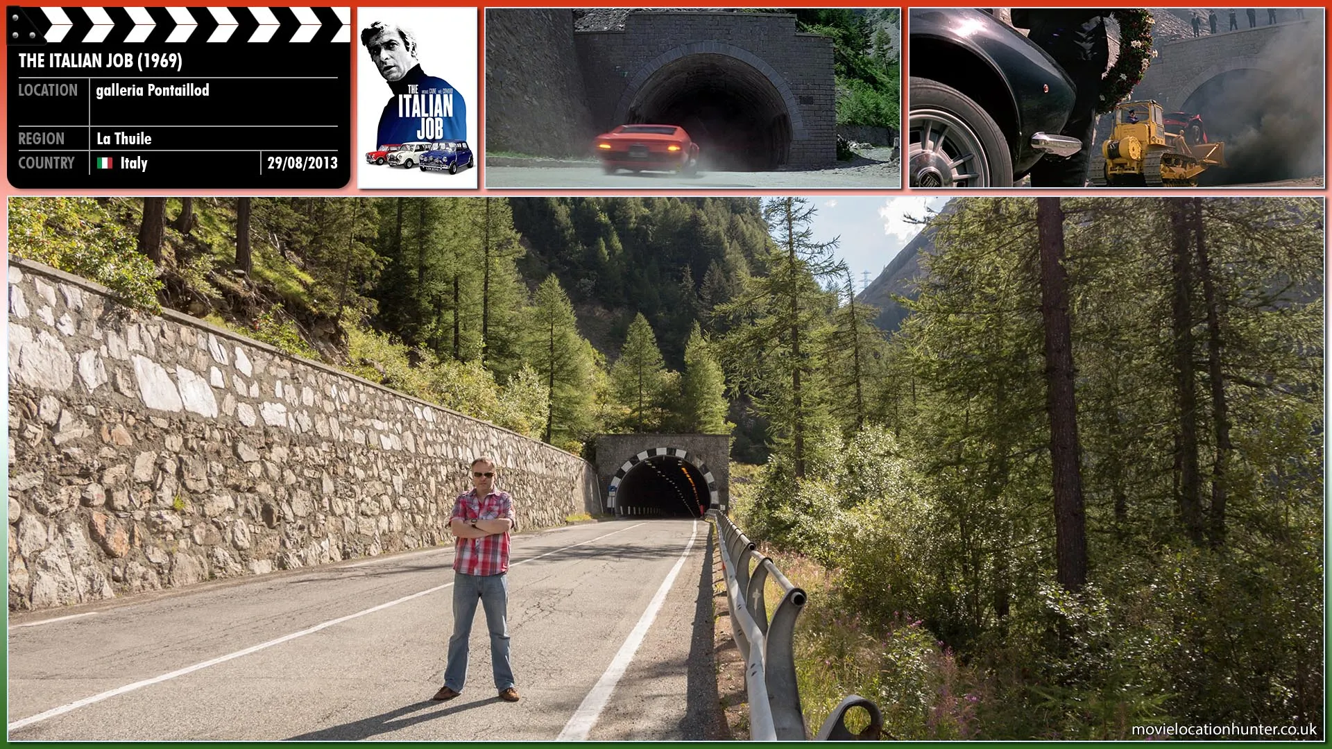 Filming location photo, shot in Italy, for The Italian Job (1969). Scene description: A Lamborghini Miura drives through the Italian Alps, enters a tunnel, crashes and explodes. A bulldozer pulls the remains from the tunnel and dumps them down a steep alpine gorge.