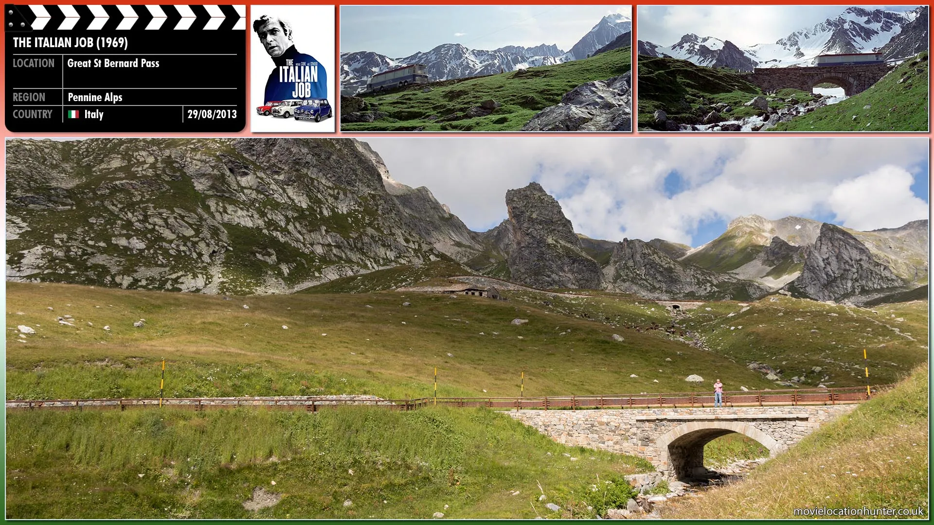 Filming location photo, shot in Italy, for The Italian Job (1969). Scene description: With the gold on board the jubilant team drive through the alps on their way back to England.