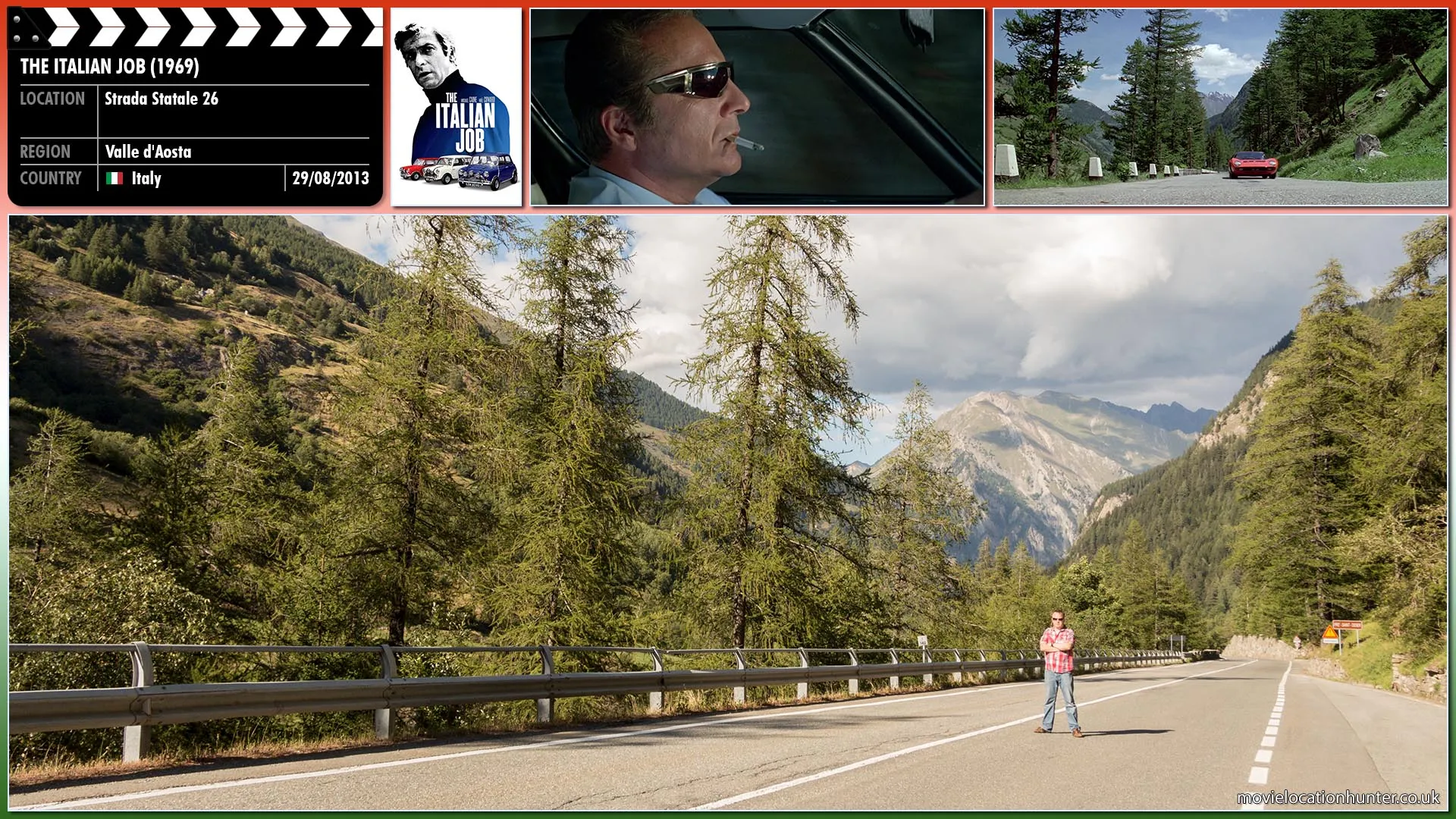 Filming location photo, shot in Italy, for The Italian Job (1969). Scene description: The original planner of the gold heist Roger Beckerman (Rossana Brazzi) drives his Lamborghini Miura through the Italian Alps.