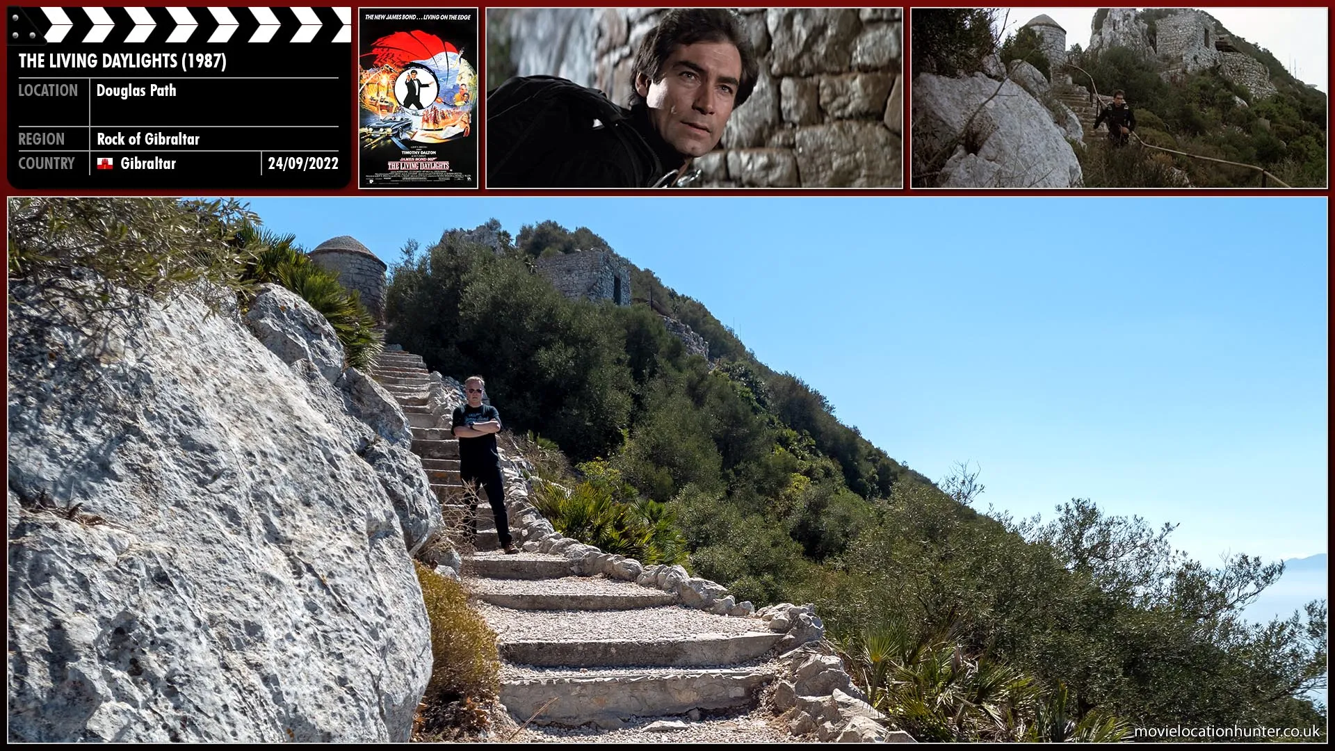 Filming location photo, shot in Gibraltar, for The Living Daylights (1987). Scene description: The assassin (Carl Rigg) slides a note marked 