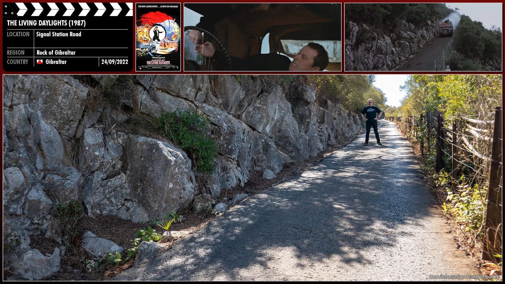 Filming location photo, shot in Gibraltar, for The Living Daylights (1987). Scene description: The Land Rover speeds down a tight and narrow road as Bond (Timothy Dalton) tries to fight his way into the Land Rover from the roof as the assassin (Carl Rigg) attempts to fight him off.