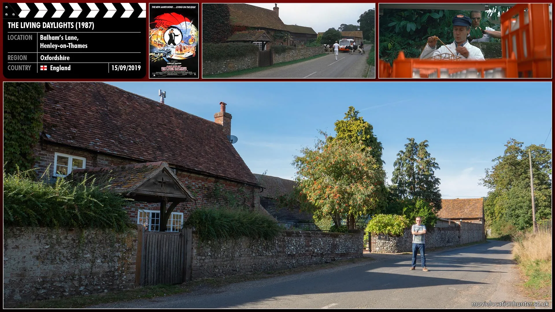 Filming location photo, shot in England, for The Living Daylights (1987). Scene description: Necros (Andreas Wisniewski) jogs along a country lane purposely bumping into a milkman.  The milkman shakes his head in disbelief before delivering milk to the farm but upon his return to his float is garroted by Necros.