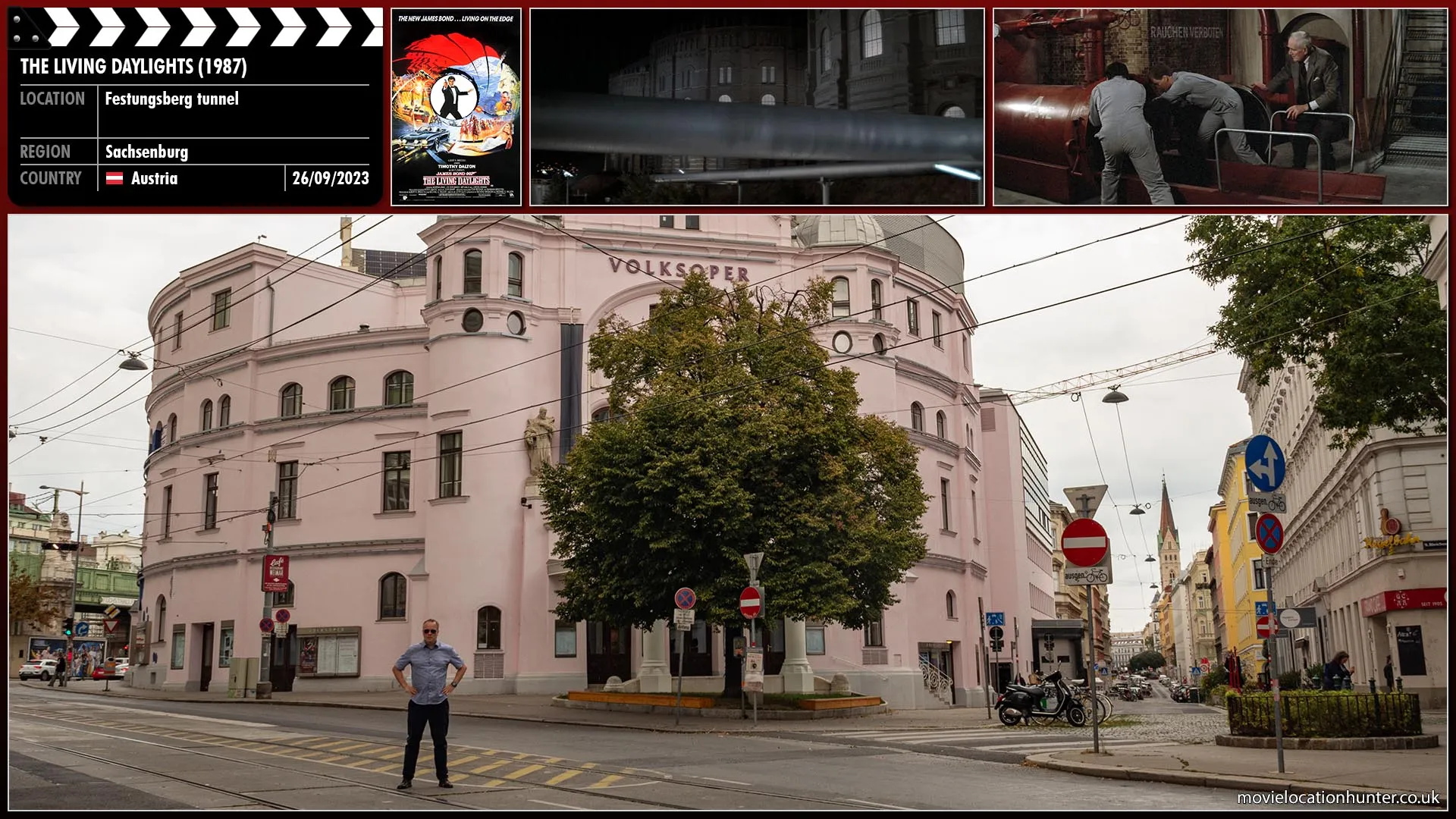 Filming location photo, shot in Austria, for The Living Daylights (1987). Scene description: The assassin (Carl Rigg) slides a note marked 