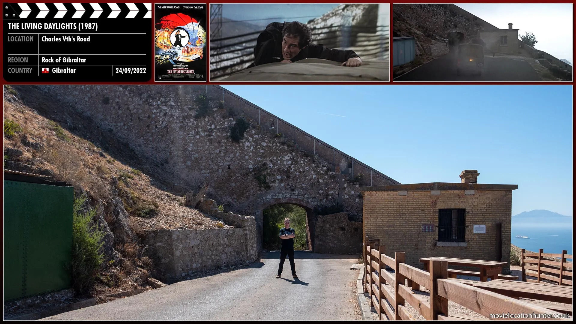Filming location photo, shot in Gibraltar, for The Living Daylights (1987). Scene description: The assassin (Carl Rigg) drives erratically trying to shake Bond (Timothy Dalton) as he holds into the roof from the side of the vehicle.  Bond sees a narrow entrance ahead and just manages to scramble onto the roof just as the Land Rover speeds through the opening.