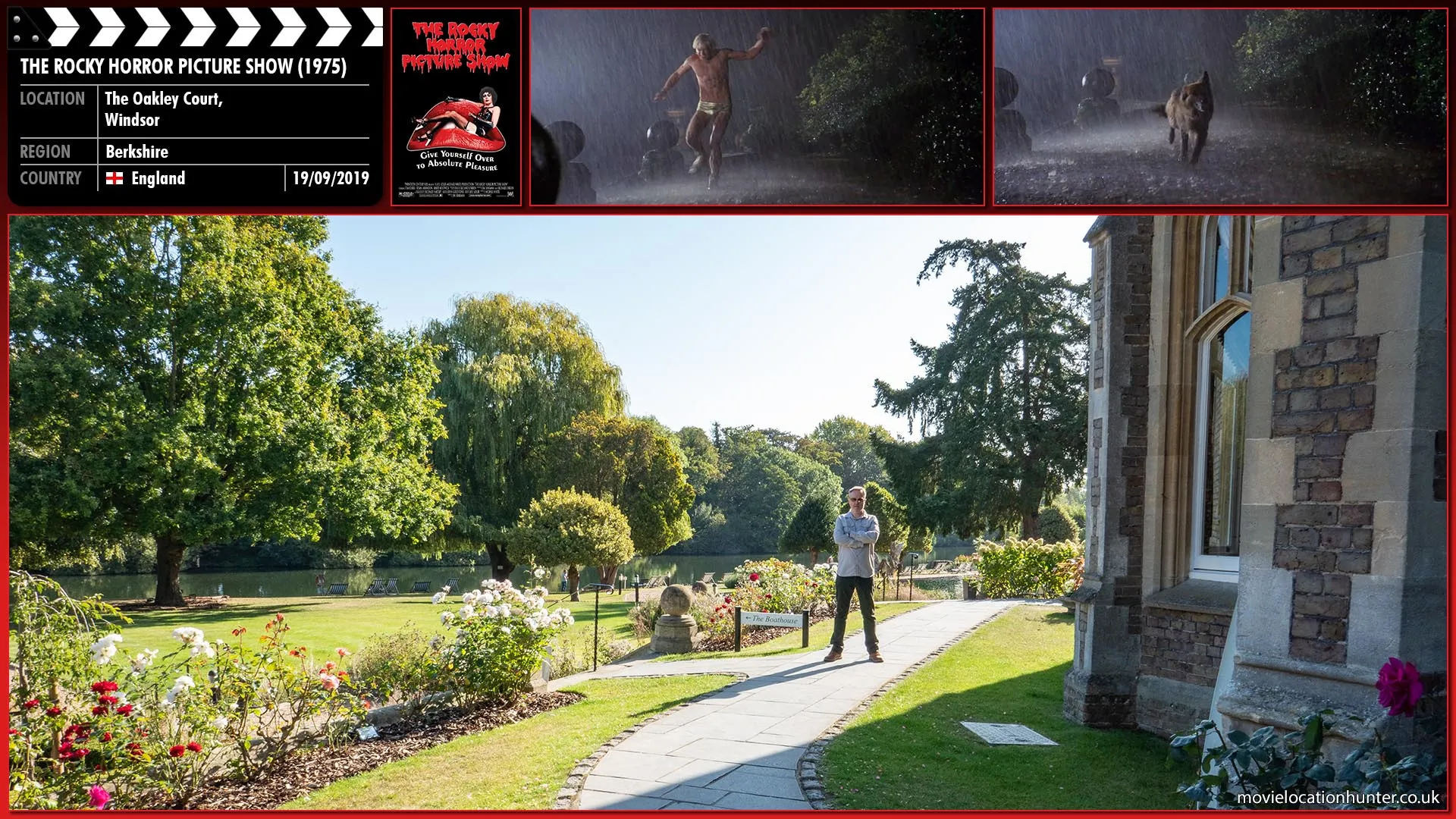 Filming location photo, shot in England, for The Rocky Horror Picture Show (1975). Scene description: A pack of dogs careereing around the castle grounds chase a bewildered Rocky (Peter Hinwood) as he tries to escape.