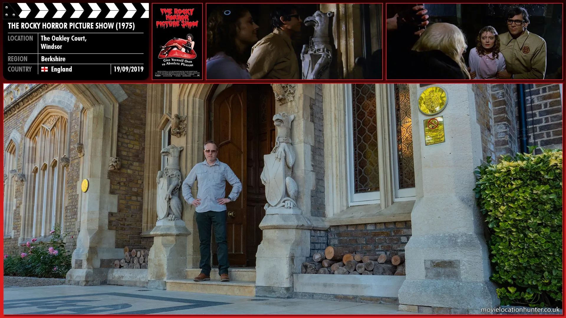 Filming location photo, shot in England, for The Rocky Horror Picture Show (1975). Scene description: A rain-soaked Brad (Barry Bostwick) and Janet (Susan Sarandon) arrive at the front door of the castle and ring the bell.  It makes a strange sound.  The door opens. Throbbing music is heard in the background as if there is a party going on in the distance.  The figure we have seen at the window emerges.  It is the hunch-backed servant, Riff Raff (Richard O'Brien).