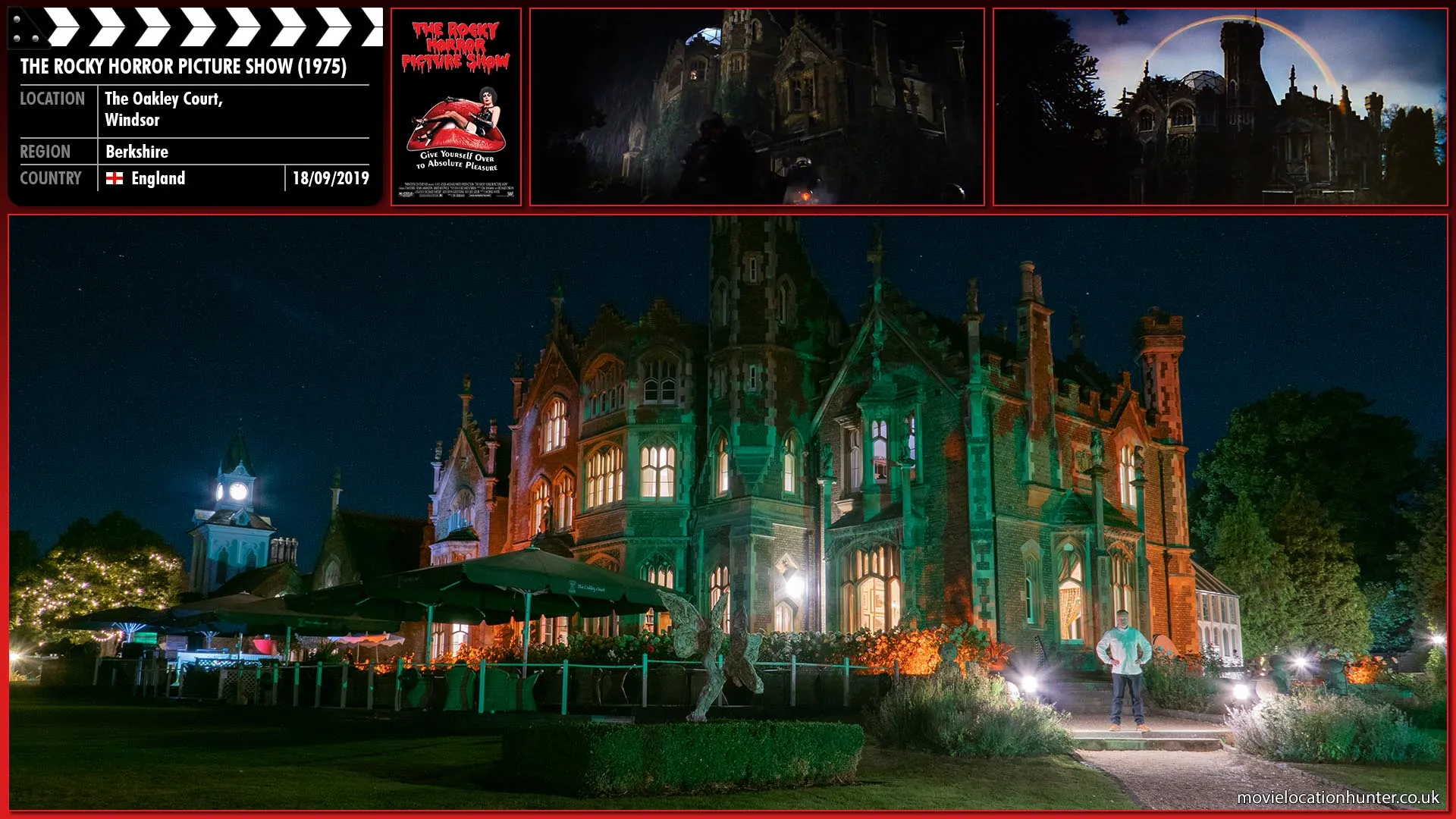 Filming location photo, shot in England, for The Rocky Horror Picture Show (1975). Scene description: Brad (Barry Bostwick) and Janet (Susan Sarandon) follow a rain-soaked path until they discover a rock-like formation in the shape of a castle that is silhouetted against the sky. A glow of light appears in a window. It illuminates a path to the castle.  A figure appears at the window looking out onto the castle grounds.