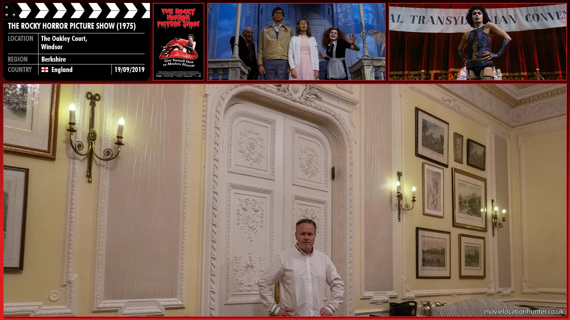 Filming location photo, shot in England, for The Rocky Horror Picture Show (1975). Scene description: Brad (Barry Bostwick) and Janet (Susan Sarandon) find themselves on a balcony of a huge black and silver ballroom. It is the Annual Transylvanian Convention - announced by an official banner suspended over the Ballroom.