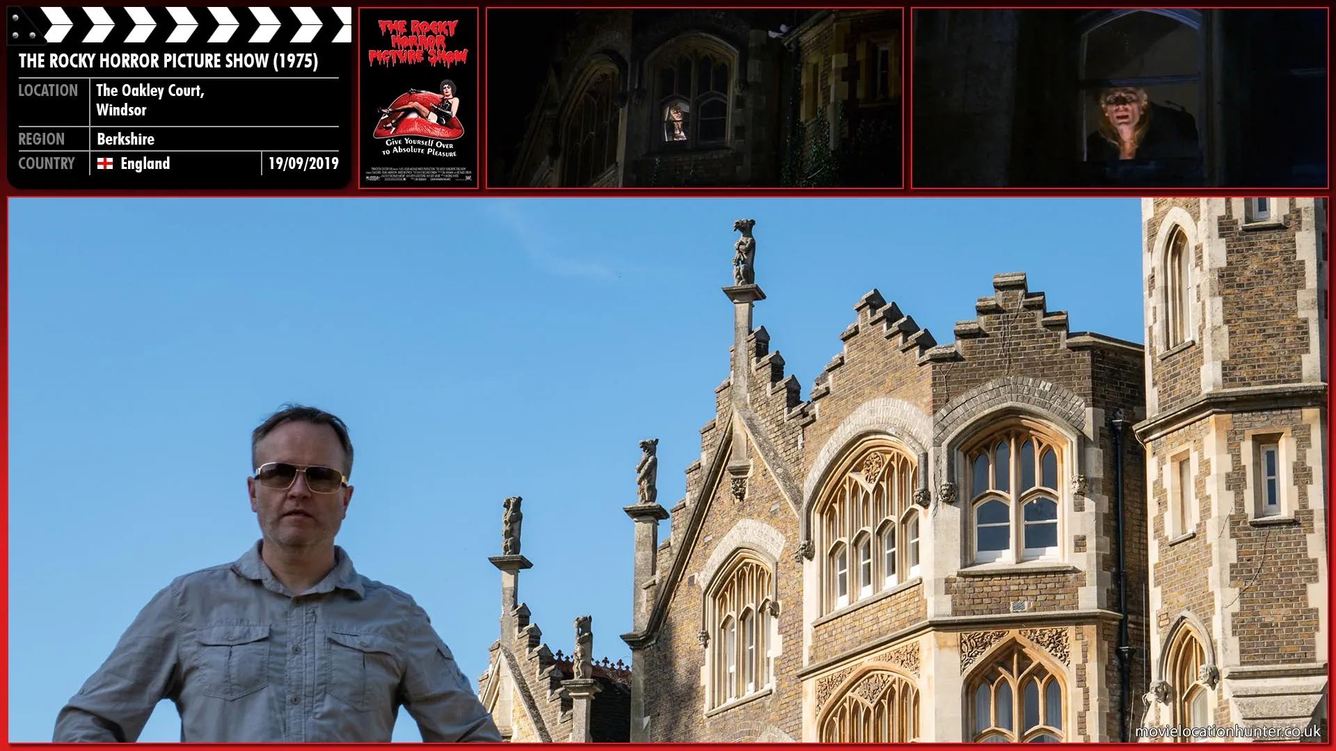 Filming location photo, shot in England, for The Rocky Horror Picture Show (1975). Scene description: A tortured face appears at a cell-like lighted window squinting into the darkness.  It's the hunchbacked servant, Riff Raff (Richard O'Brien).