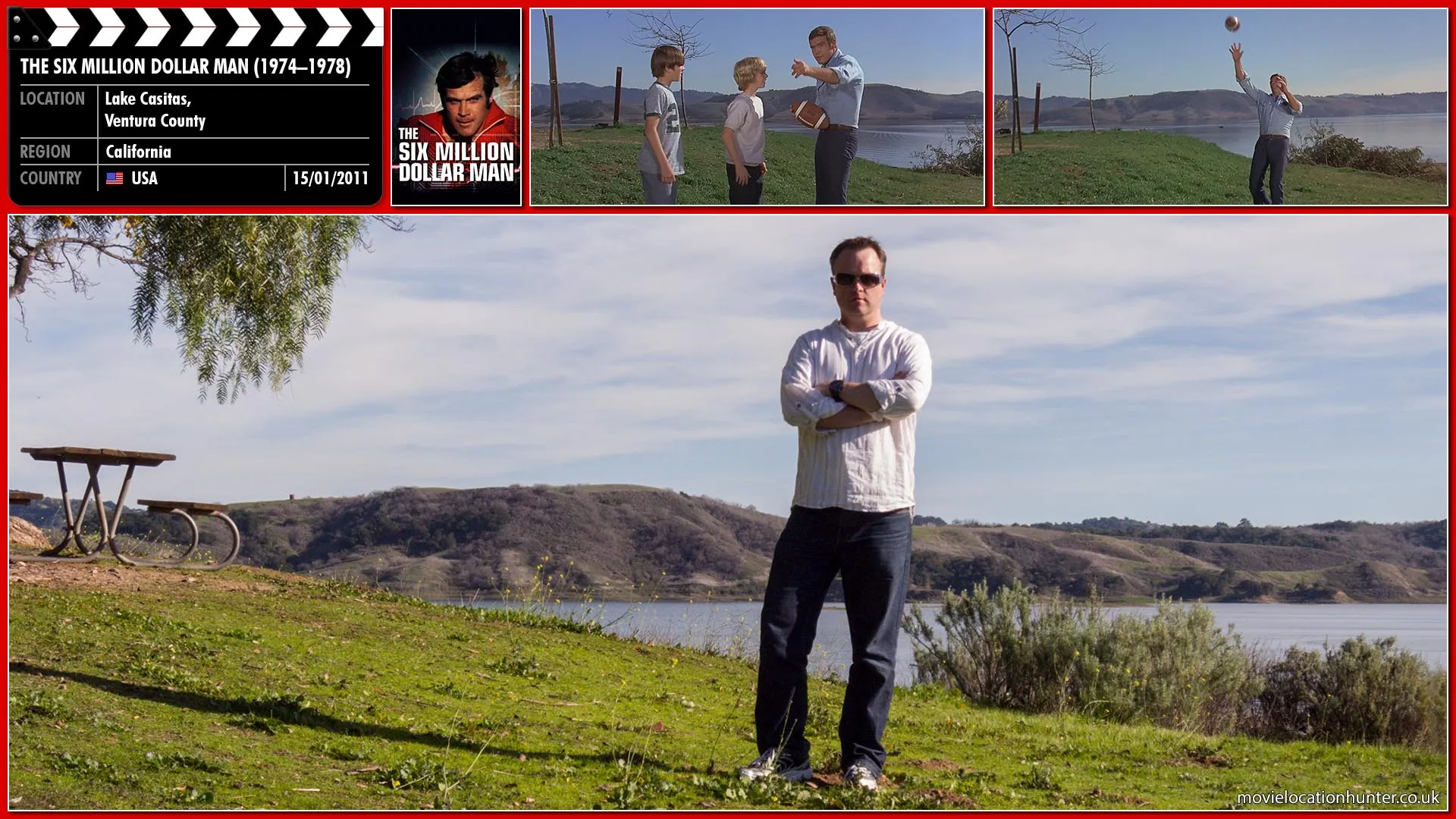 Filming location photo, shot in USA, for The Six Million Dollar Man (1974). Scene description: Steve (Lee Majors) and Jaime (Lindsay Wagner) meet up at a large stump by the lake to talk, but some boys keep throwing a football that repeatedly interrupts their flirtations and attempts to kiss.  Steve finally throws the football like a missile to get rid of the boys and he and Jaime finally get a moment to kiss.