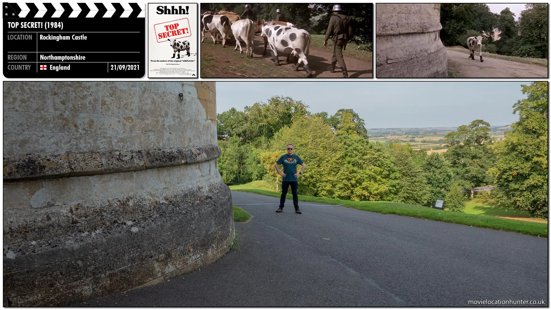 Filming location photo, shot in England, for Top Secret! (1984). Scene description: Dressed as fake cow Nigel (Christopher Villiers) and Du Quois (Harry Ditson) merge with a herd of cows to infiltrate the prison's defences. Once out of sight, they turn around and run back in the opposite direction searching for the main power generator.