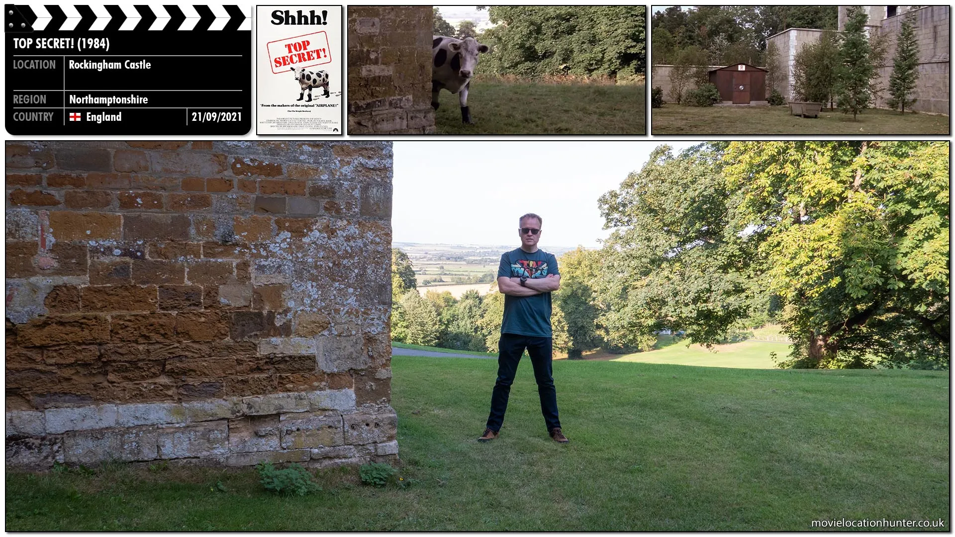 Filming location photo, shot in England, for Top Secret! (1984). Scene description: Sneaking around the prison dressed as a fake cow Nigel (Christopher Villiers) and Du Quois (Harry Ditson) eventually discover the main power generator.